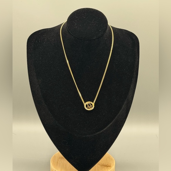 Christian Dior Gold Logo Round Rhinestone Pendant Necklace CD Charm - Picture 5 of 12